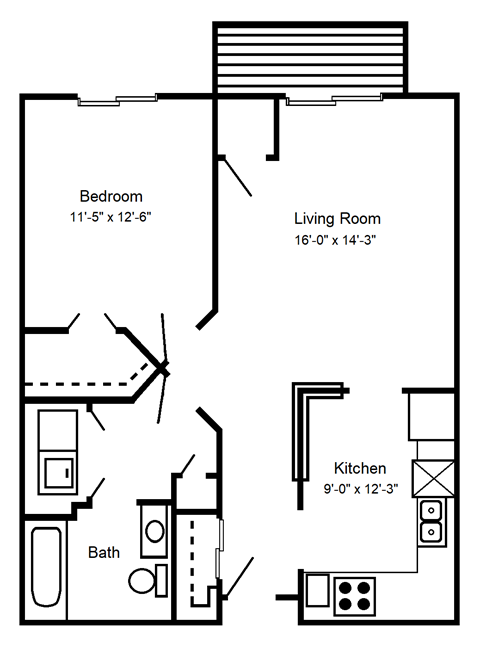 Floor plan for 1 bed, 1 bath, 800 sqft